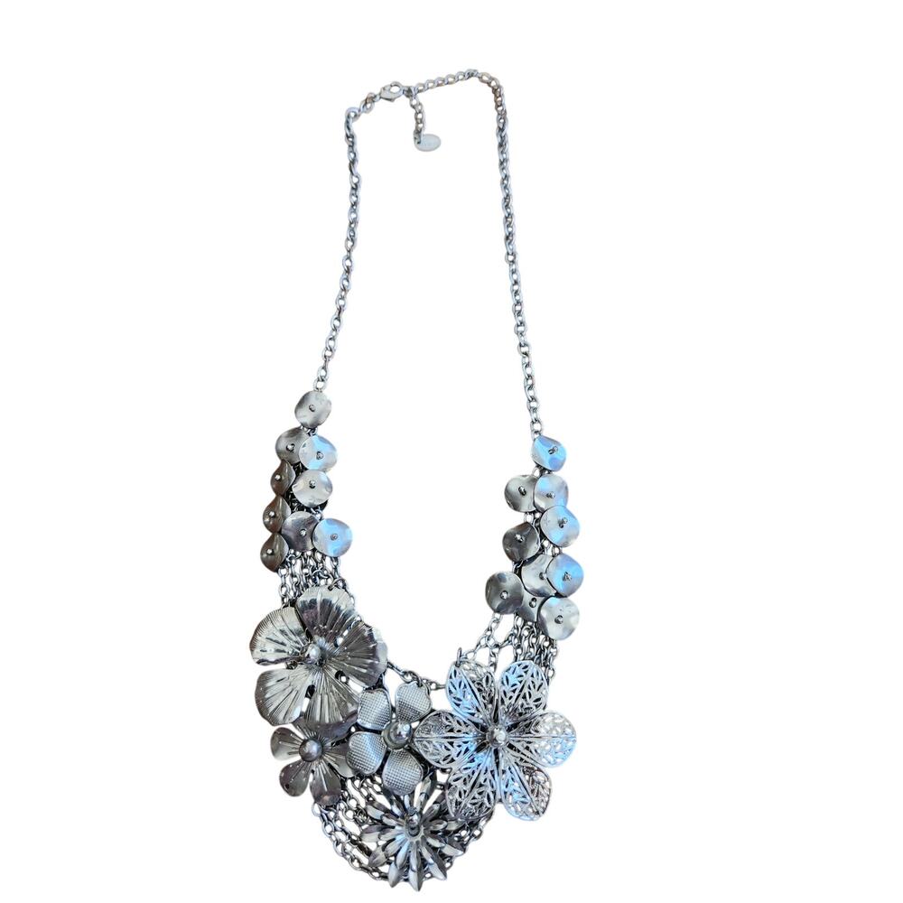 Claires Silver Tone Floral Statement Necklace Multi Flower Chain Bold